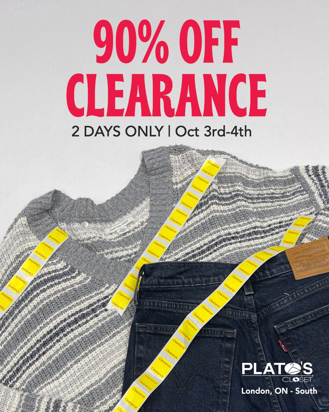 clothing laid on a white background with clearance stickers rolling over the clothes. Text over the image says 